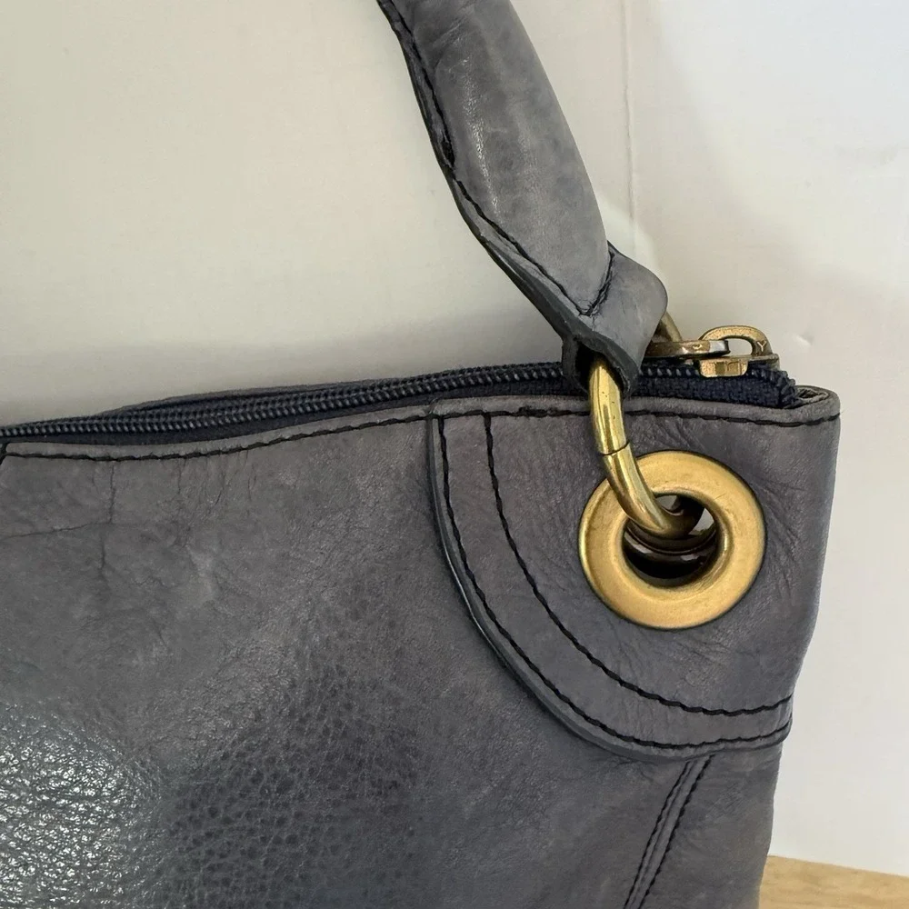 Fossil Dusty Blue Leather Handbag Zip Convertable Crossbody Shoulder Satchel Bag